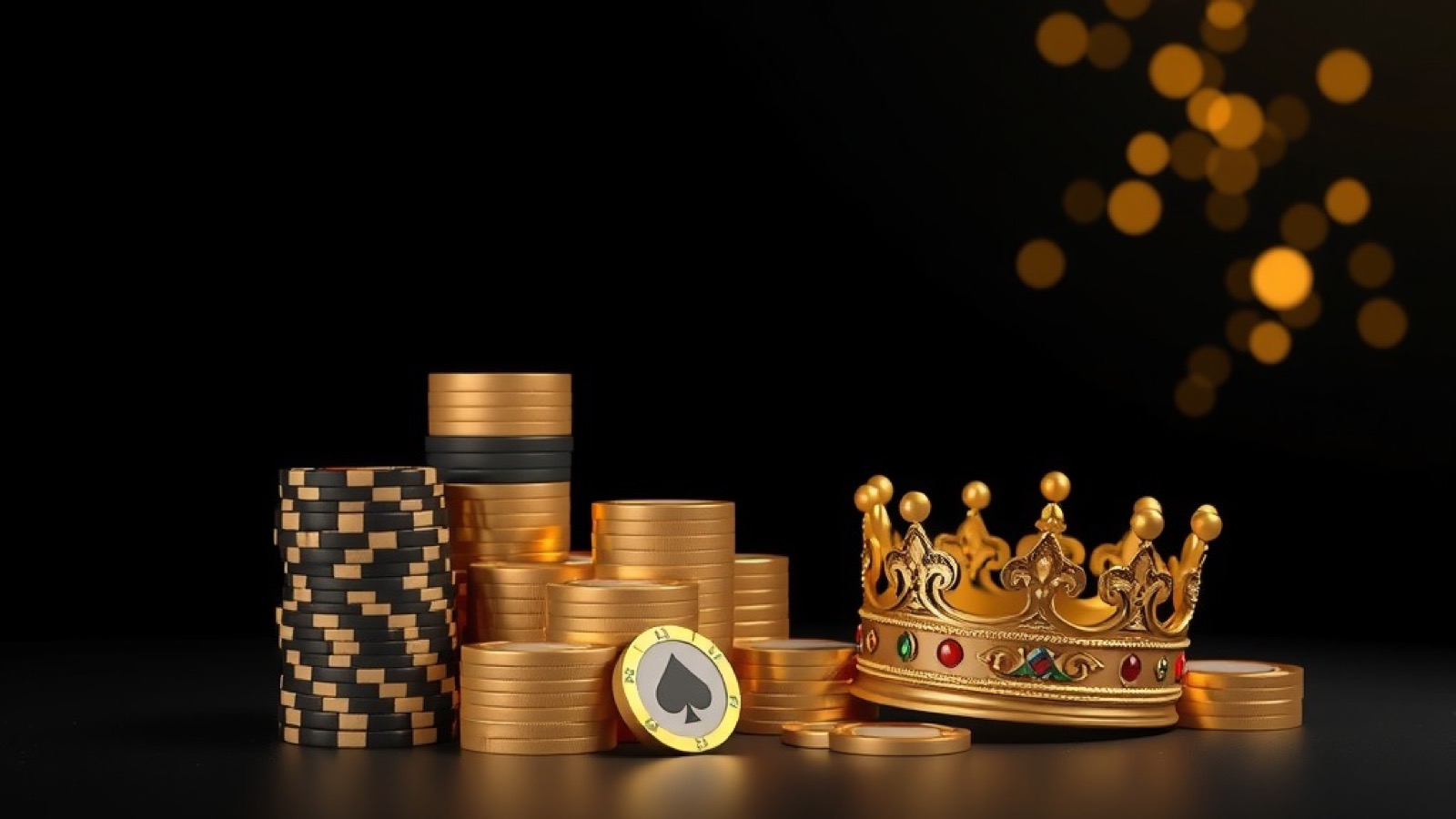 CT999 casino floor at night with stacked gold coins, poker chips and a gold crown crest