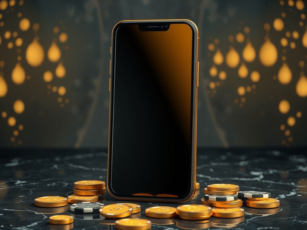 Upright smartphone on dark marble surrounded by CT999 gold coins and poker chips