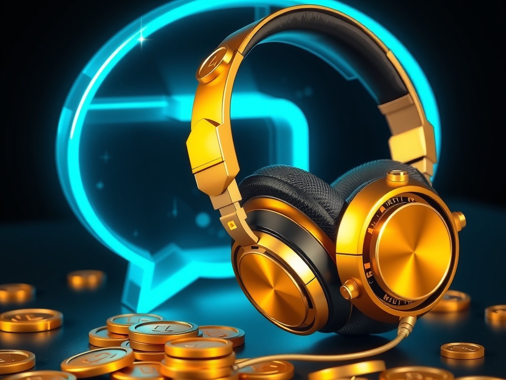 Gold headset beside a glowing cyan speech bubble on a dark CT999 support desk
